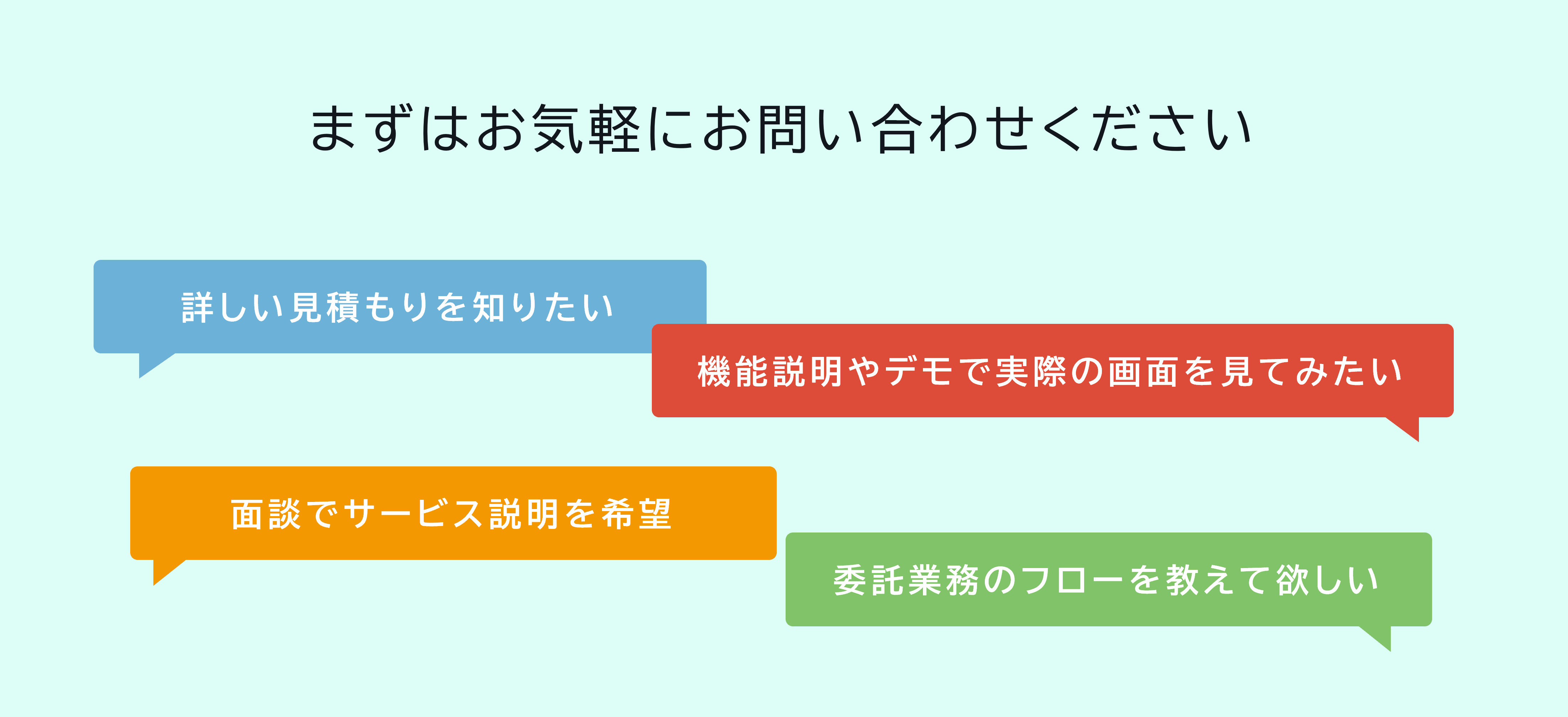 まずはお気軽にお問い合わせください 詳しい見積もりを知りたい 機能説明やデモで実際の画面を見てみたい 面談でサービス説明を希望 委託業務のフローを教えて欲しい